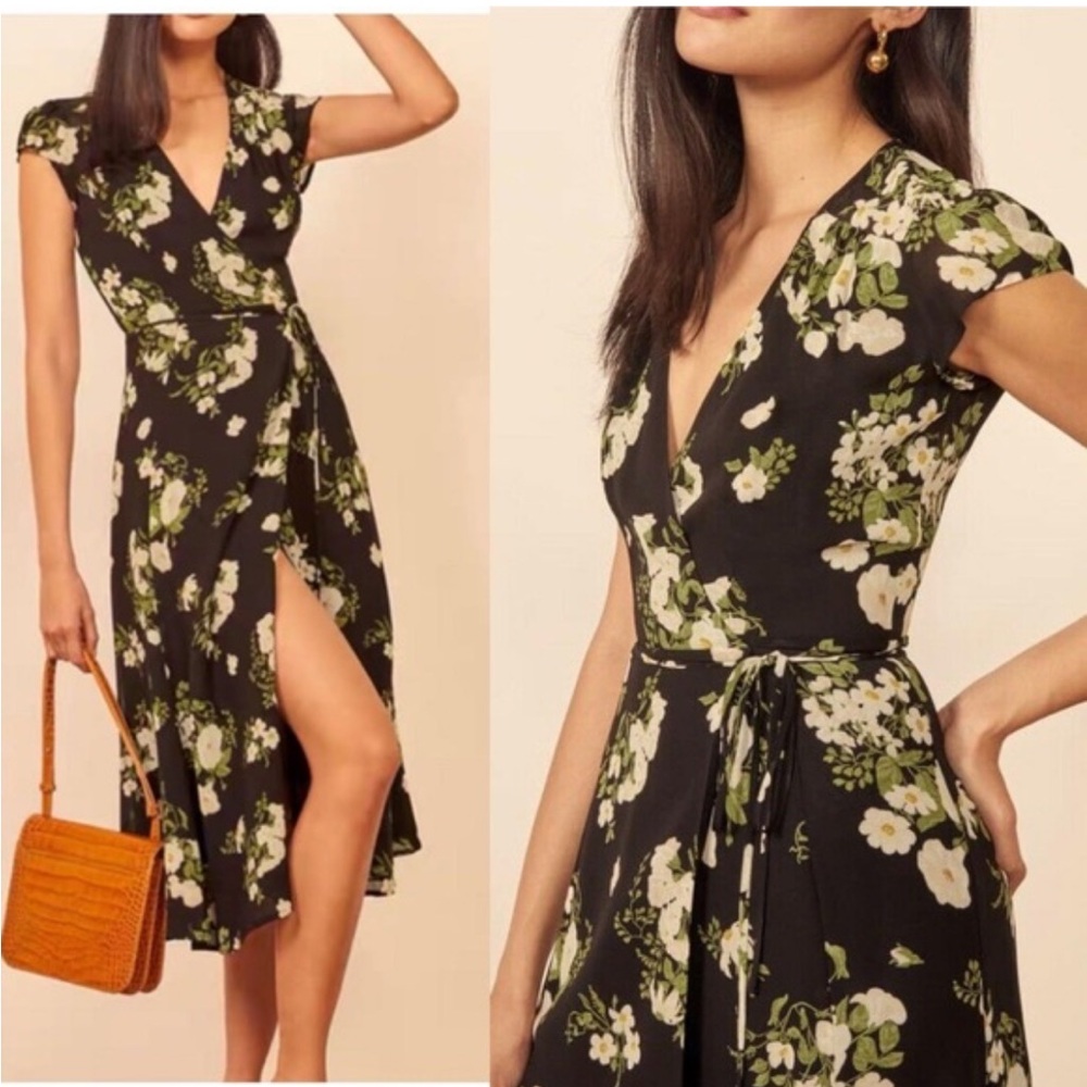 Reformation Carina Wrap Dress - Black with Floral Design